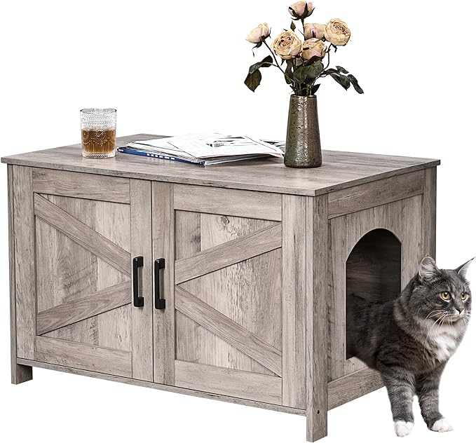 Homhedy Cat Litter Box Enclosure,Litter Box Furniture Hidden with Barn Door