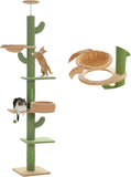 PEQULTI Floor to Ceiling Cat Tree Adjustable Height (87"-100"), 5 Levels Cactus Cat Tower with Cat Perch&Replaceable Hammock (Transparent Acrylic Bowl), 4.1" Super Robust Cat Scratcher, Green