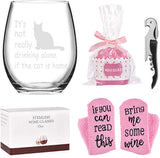 It's Not Really Drinking Alone if the Cat is Home Stemless Wine Glass with Wine Socks and Bottle Opener